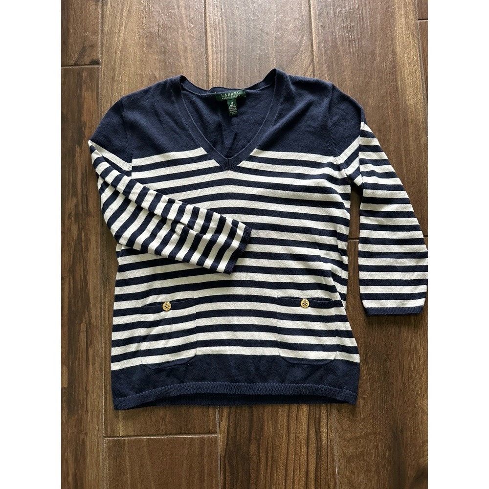 Lauren Ralph Lauren Navy White Striped V-Neck Cotton Sweater Gold Buttons Size M